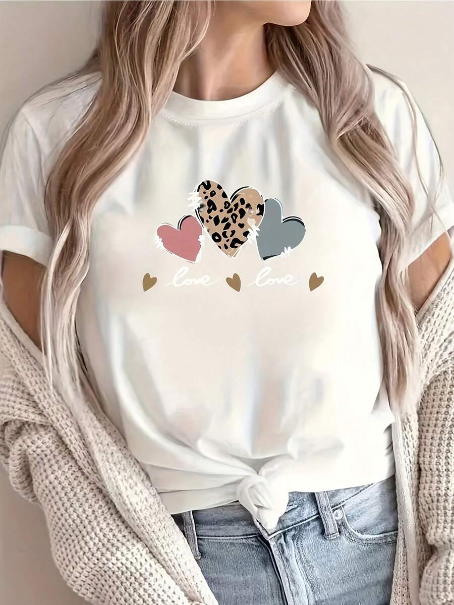 Women's Casual Short-Sleeved T-Shirt With Geometric Heart Print And Leopard Stripe Design, Round Neck, Love Design, Machine Washable, Versatile Women's Clothing For Urban Style And Vacation - 白色 - 查看 1