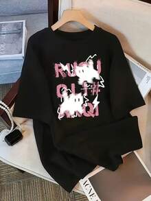 Camiseta Gráfica Oversize para Mujer - Estampado Divertido, Manga Corta, Cuello Redondo, Corte Holgado, Top Casual Versátil, Blanco, Tela Cómoda y a la Moda para Uso Diario - Negro - Ver 7