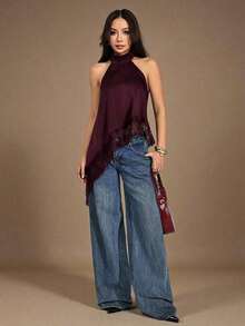 Top halter con escote trasero, bajo asimétrico y parches de encaje, sexy para el verano - Granada - Ver 3
