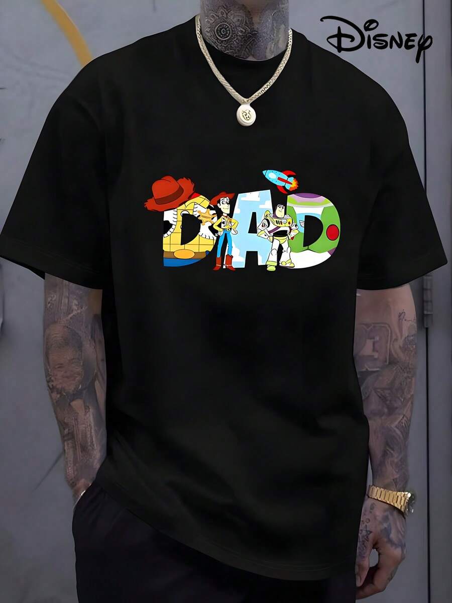 Disney Men's Casual T-Shirt, Toy Story "DAD" Print, Woody & Buzz Lightyear Graphic, Soft Fabric, Perfect For Father's Day - 黑色 - 查看 1