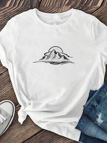Short-Sleeved T-Shirt With Classic Black And White Mountain Landscape And Sunrise Line Art Print, Regular Length, Casual Style, Round Neck For Spring/Summer, Suitable For Shopping, College Life, Autumn/Winter Essential Product, Hit Of . - 白色 - 查看 7