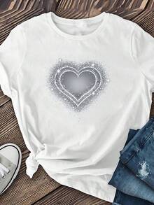 Women's Short-Sleeved T-Shirt With A Classic Sparkly Heart Print, Summer Wear, Regular Length, Suitable For Lounging At Home, Sports, Casual Wear, And Everyday Gatherings. Bestseller. - 白色 - 查看 1