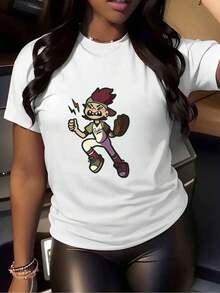 Wo'S White Baseball Player Cartoon T-Shirt | Cute Knit Top With A Female Athlete Print, Pink Hair, Kawaii Cartoon Style, Casual Summer T-Shirt, Machine Washable, Regular Sleeves, Slightly Stretchy Fabric. Women's Summer Graphic Tees. Women's Casual Printed T-Shirt, Short Sleeves And Round Neck, Local Spring/Summer Streetwear. - 白色 - 查看 7
