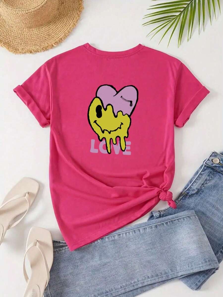 Off-The-Shoulder T-Shirt With Letter And Cartoon Print - Hot Pink - View 1