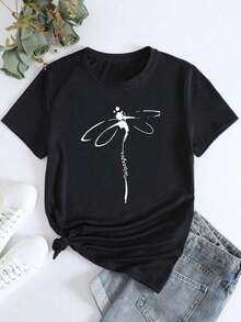 Impreso libélula impresión gráfica casual suelta camiseta de las mujeres, suave, cómodo, barato - Negro - Ver 1