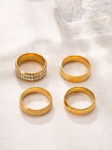 4pcs Elegant Stainless Steel Gold Rings With Zirconia, Polished & Matte Finish, Unisex Rings, Party Accessories - Gold - View 3