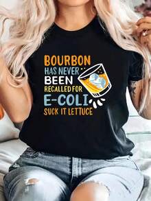 Camiseta de Mujer Talla Grande "Bourbon Nunca Recuerdor E-Coli" con Diseño de Hoja de Leca - Cuello Redondo, Manga Corta, uste Slim, Tejido Transpirable 180g, Ropa Casual y Drtida - Negro - Ver 2