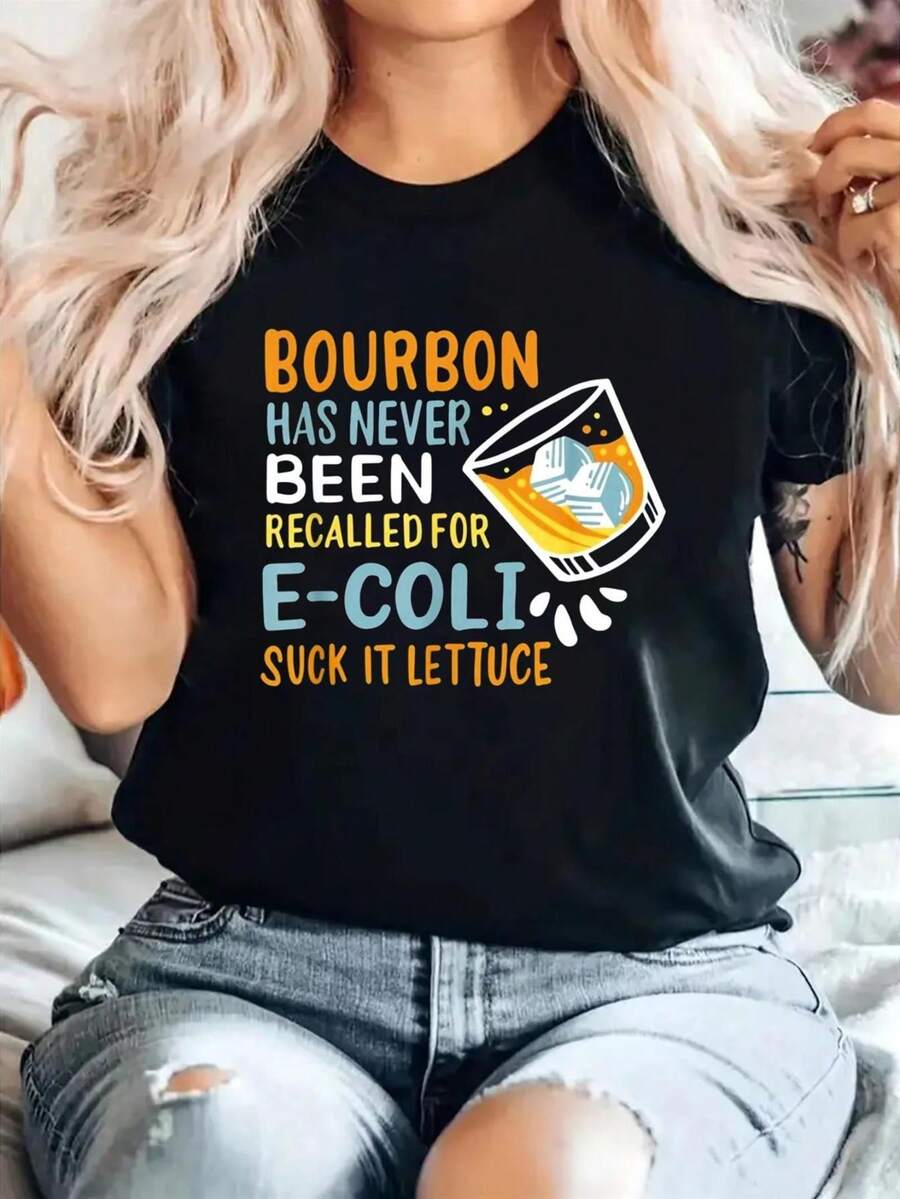 Camiseta de Mujer Talla Grande "Bourbon Nunca Recuerdor E-Coli" con Diseño de Hoja de Leca - Cuello Redondo, Manga Corta, uste Slim, Tejido Transpirable 180g, Ropa Casual y Drtida