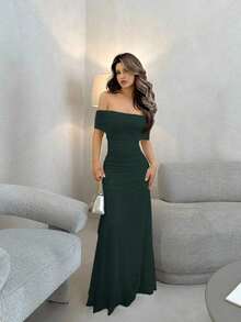 Vestido de mujer con escote ilusión descubierto de hombros y cintura fruncida, elegante para bodas y citas - Verde Oscuro - Ver 6