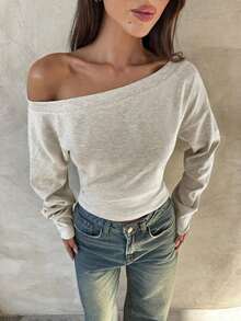 Top de manga larga asimétrico de hombro de punto de color albaricoque para mujer, otoño/invierno - Albaricoque - Ver 5