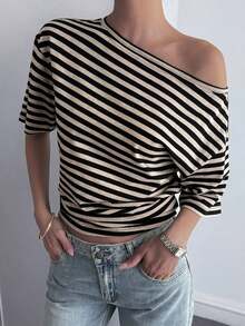 Blusa holgada y casual de mujer con rayas y parches, cuello oblicuo y manga corta, elegante estilo callejero para primavera, verano y otoño - Blanco y Negro - Ver 7