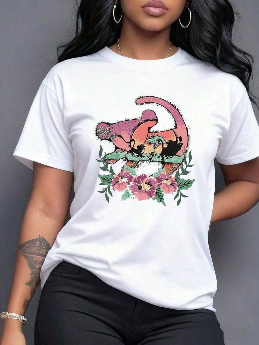 Sunset With Silhouettes Of Wild Animals Surrounded By Tropical Flowers That Symbolize Freedom And Connection With Nature. Casual, Comfortable And Modern Women's T-Shirt, Short Sleeve. - 白色 - 查看 1