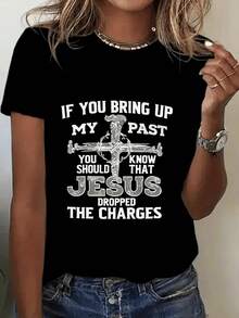 [Camiseta con Gráfico] Camiseta Negra con Gráfico para Mujer - Camiseta Casual de Manga Corta y Corte Entallado con Gráfico para Mujer - Frase Inspiradora con Diseño de Cruz SI ME ACUSAN DE MI PAST, DEBERÍAN SABER QUE DROPEÉ LAS CARGAS, Estilo Regular, Manga Corta, Casual - Negro - Ver 2