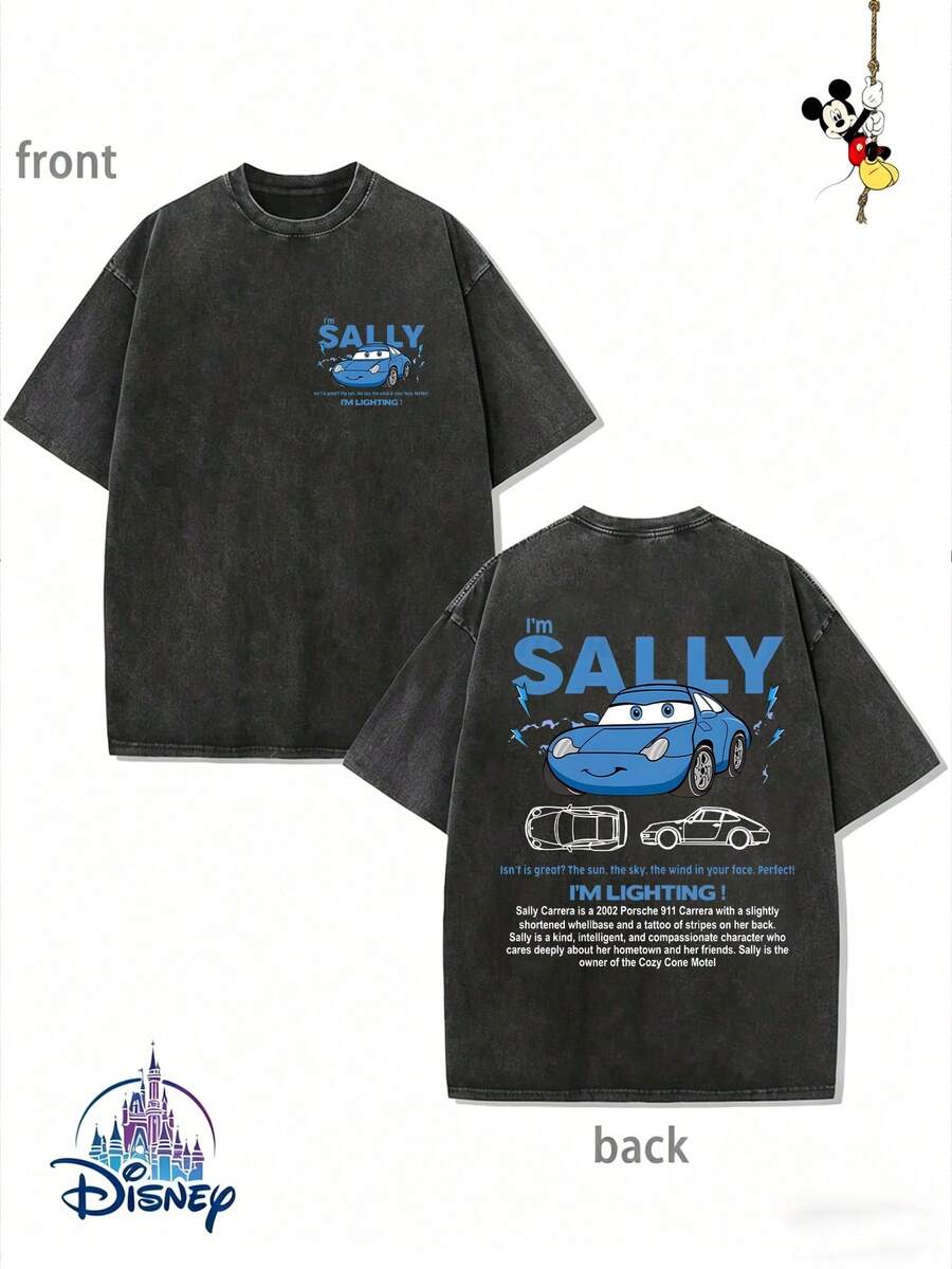 Men's Disney Black Washed Cars Sally Tee, Retro Print, Loose Fit, Premium Cotton. - Black - View 1