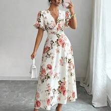 Elenzya Women's Floral Print Deep V-Neck Ruched Short Sleeve Dress - Multicolor - Ver 5