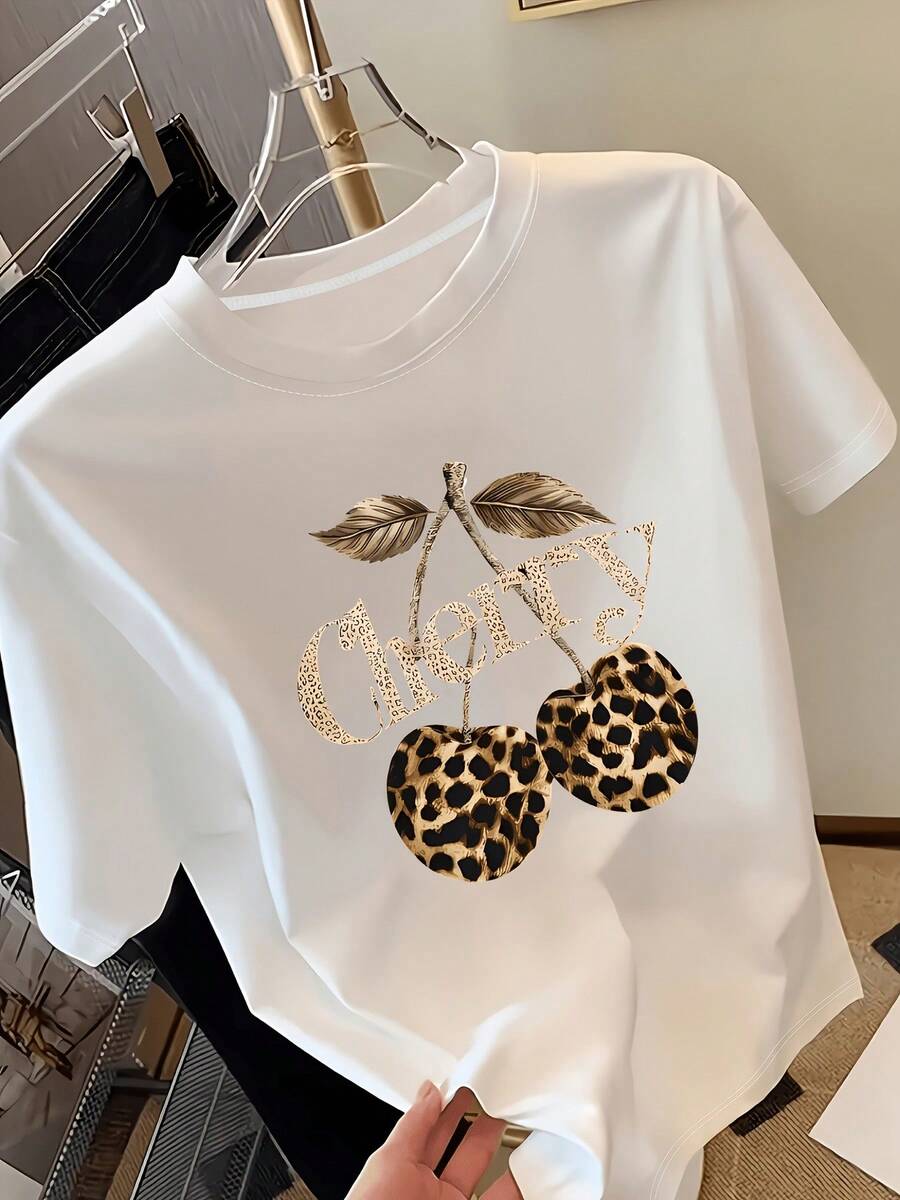 Women's Leopard Print Short Sleeve T-Shirt - Casual Round Neck Blouse With Non-Opaque Fabric, Machine Washable, Suitable For All Seasons, Versatile Casual Outfit For Office, Commuting, And More. Adorable Animal Print, Fun Letter Print, Matches With Street Fashion, Summer Outdoor Or Everyday Wear, Daily Clothes For Sweet Girls Or Students, Cool And Sweat-Free Summer Clothes - 白色 - 查看 1