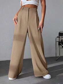 Pantalones casuales y versátiles de cintura alta con pierna ancha de unicolor - Caqui - Ver 7