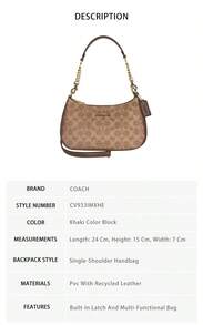 Coach Teri Signature Women's Shoulder Crossbody Handbag CV933IMXHE - 卡其色拼色CV933IMXHE - 查看 9