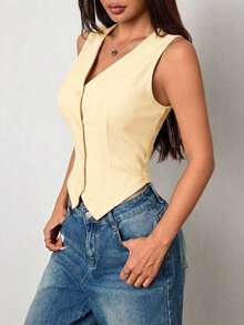 Chaleco de punto ajustado de unicolor con cuello en V sin mangas para mujer, atuendos de verano, atuendos de verano para mujer, atuendos de vacaciones de verano, Día de San Valentín, atuendos de vacaciones para mujer, atuendos de vacaciones en la pl - Albaricoque - Ver 6