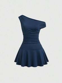 Vestido mini de unicolor con cuello asimétrico elegante para uso diario para mujer - Marrón - Ver 1
