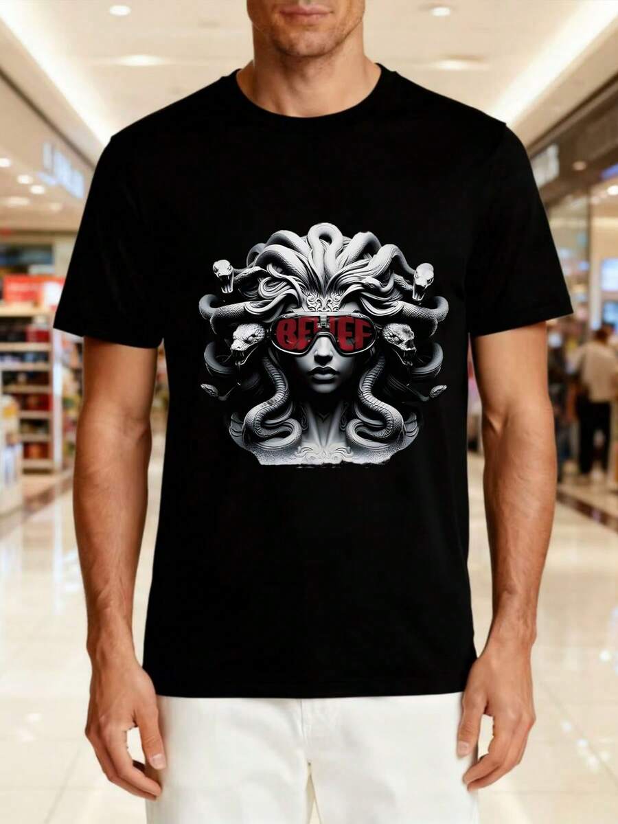 Unisex T-Shirt Made Of Pure Cotton. MedusaCoolFashionGlassesT-ShirtBlackMythologicalThemedTrendyShortSleeve, CoverVintageandModernCollisionTop, SummerT-Shirt,SummerClothingWomen,Men'sSummerOutfit,T-ShirtWomen,CreativeDesign,OutdoorPlay,CoolStyle,FunDesign,GreatForOutdoorPlay, CreativeDesign,OutdoorPlay,CoolStyle,FunDesign,GreatForOutdoorPlay - Black - View 1