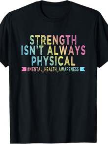 Talla Grande - Talla Grande - 1 Camiseta de Conciencia de la Salud Mental "La Fuerza No Es Siempre Física" para Mujer | Negro, Lavable a Máquina, 180g, Cuello Redondo, Estampado Geométrico, I para Fiestas, Competiciones, Ropa Casual, Top de Manga Corta - Negro - Ver 2