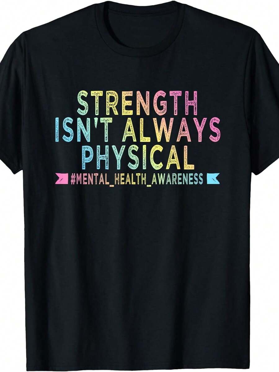 Talla Grande - Talla Grande - 1 Camiseta de Conciencia de la Salud Mental "La Fuerza No Es Siempre Física" para Mujer | Negro, Lavable a Máquina, 180g, Cuello Redondo, Estampado Geométrico, I para Fiestas, Competiciones, Ropa Casual, Top de Manga Corta