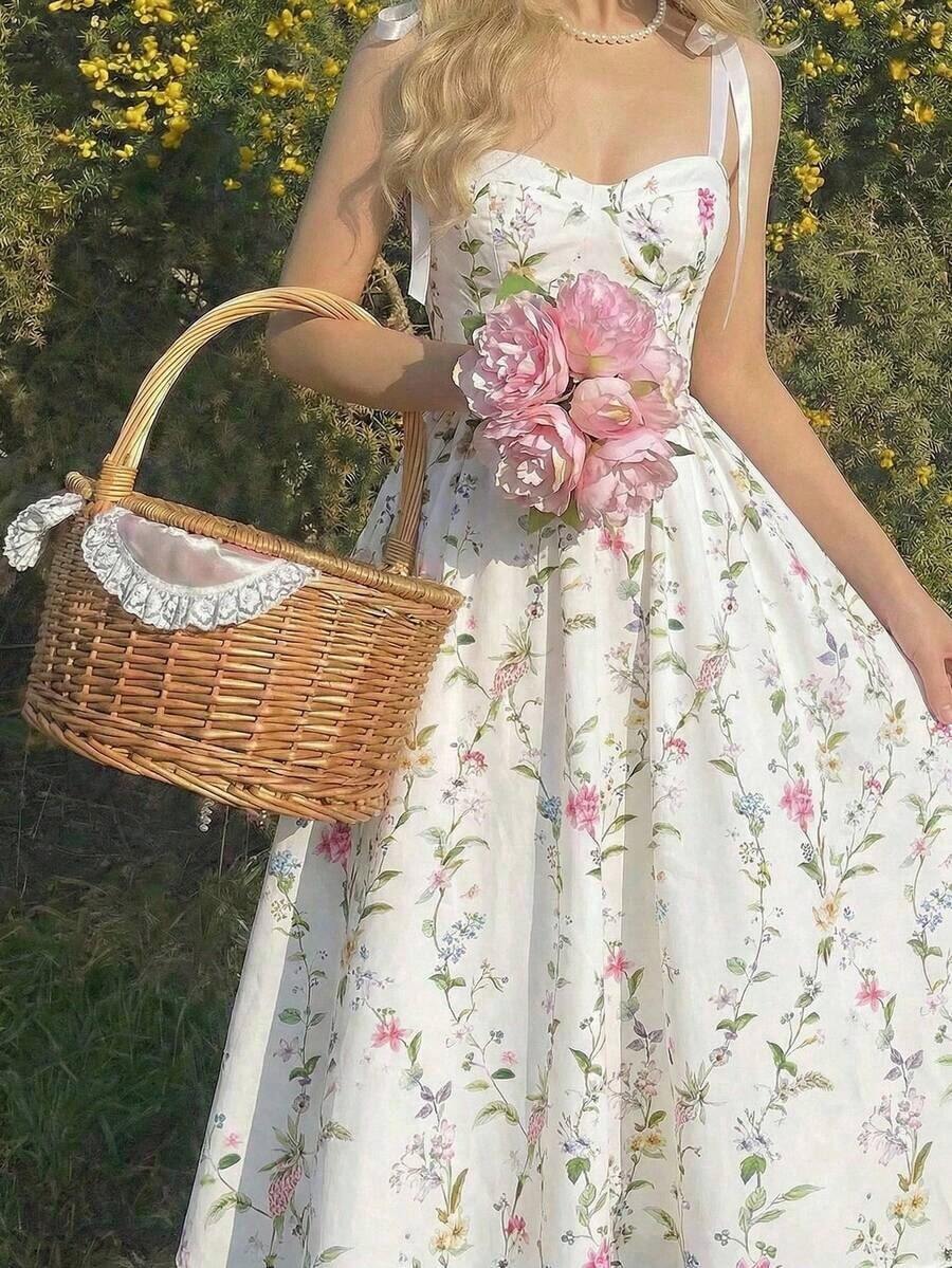 Vestido de verano de mujer con tirantes anudados y estampado floral romántico - Multicolor - Ver 1