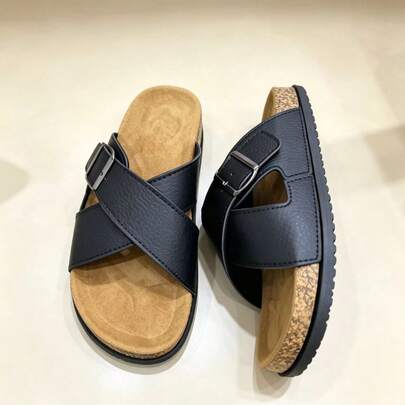 Men's Fashion Casual Adjustable Strap Black Sandals, Slip-On Comfortable PU Leather Upper, Soft Cork Sole, Outdoor Beach Walking Slippers, Summer (Slight Color Difference)