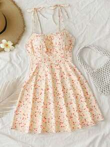 Vestido de tirantes con pliegues en el busto con estampado floral para ropa de Año Nuevo, vestido corto mini para mujeres - Multicolor - Ver 1