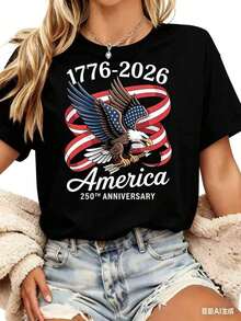 Camiseta casual para mujer |   Estados Unidos de América 250th Aniversario Águila y Bandera Impresión 1776 2026 Celebración del Día de la Independencia Ropa de fiesta, cuello redondo, mangas regulares, tela ligeramente elástica, transpirable de verano - Negro - Ver 4