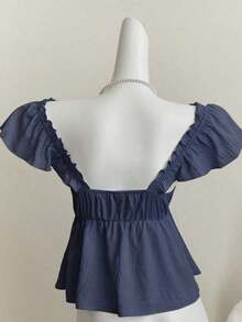 Top corto de camisola con escote bajo y espalda descubierta, con manga tipo gorra y volantes en azul, diseño sexy - Azul marino - Ver 2