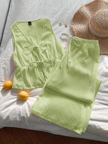 Conjunto de 2 piezas casual para mujer con top de cuello en V y pantalones en punto liso negro - verde menta - Ver 1
