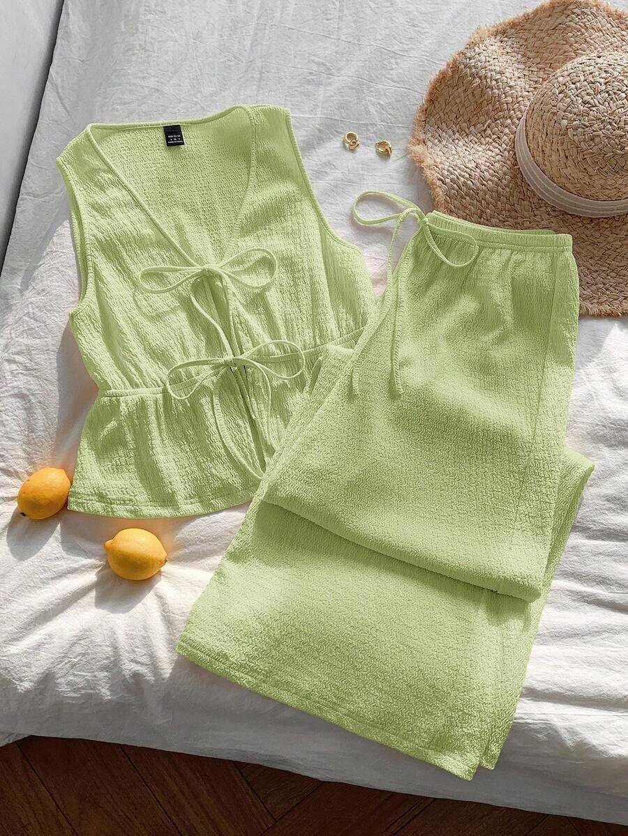 Conjunto de 2 piezas casual para mujer con top de cuello en V y pantalones en punto liso negro - verde menta - Ver 1