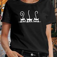 Women's T-Shirt With Three Cats Print - Solid Color, Cute Print, Round Neck, Simple Short Sleeve, Pet Lover T-Shirt, Casual Summer Basic T-Shirt, Fashionable Loose Fit, Comfortable To Wear, Medium Elasticity, Machine Washable. - 黑色 - 查看 6