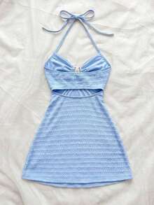 Vestido mini con textura, escote en V, decoración de estrella de mar metálica, cuello con lazo, espalda descubierta, ideal para vacaciones, citas, té de la tarde, días festivos, festivales de música, estilo bohemio - Azul 3 - Ver 2