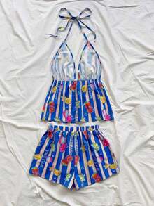 Conjunto de 2 piezas de vacaciones para mujer, top de tirantes con escote en V con textura rojo y shorts sueltos extremadamente cortos, adecuado para citas, fiestas y paseos por la ciudad - Multicolor 2 - Ver 2