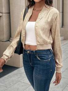 Chaqueta de béisbol con cremallera metálica dorada, puños acanalados, ajuste slim, elegante y versátil, cárdigan corto para ropa de fiesta de Año Nuevo - Champán - Ver 4