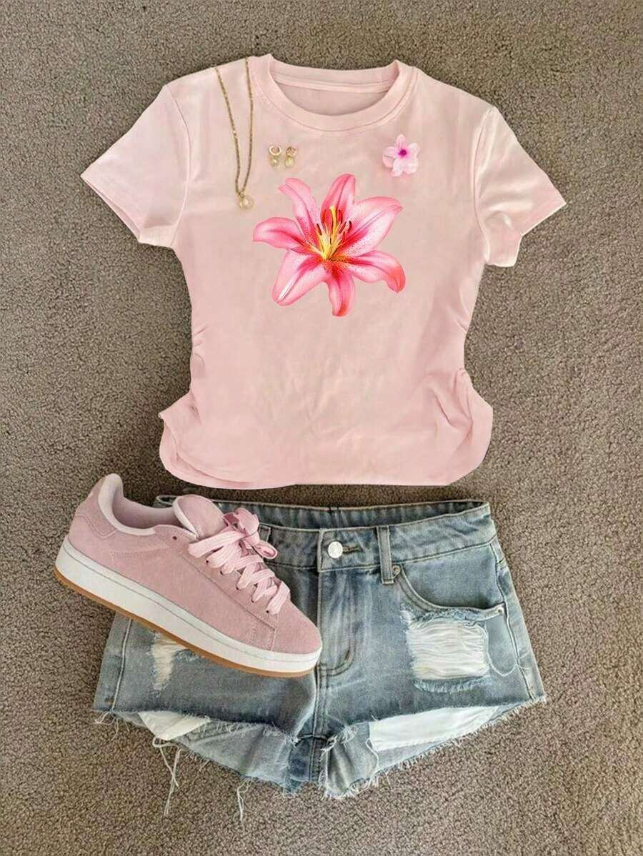Camiseta de rayas que afina la cintura para mujer, de estilo casual y versátil para el día a día y la moda, para el verano - Rosa vieja - Ver 1