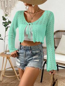 Cárdigan de punto calado de color liso casual para vacaciones - Agua verde azul - Ver 4
