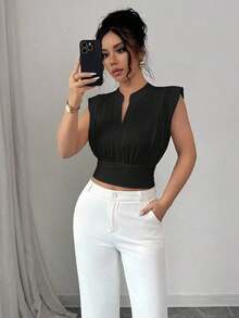 Nueva camiseta sin mangas ajustada para mujer con cuello alto de punto, media cremallera frontal y estilo informal - Negro - Ver 1