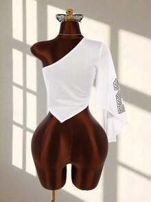Top sin mangas de estilo callejero para mujer con hombros de malla y recortes, transparente y sexy - Blanco - Ver 2