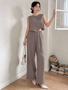 Set de 2 piezas de camisa y pantalones de pierna ancha de unicolor para mujer, conjuntos de ropa de descanso para mujer - Marrón - Ver 5