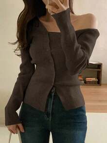 Blusa casual de mujer de punto acanalado con botones y manga corta - Café integral - Ver 1