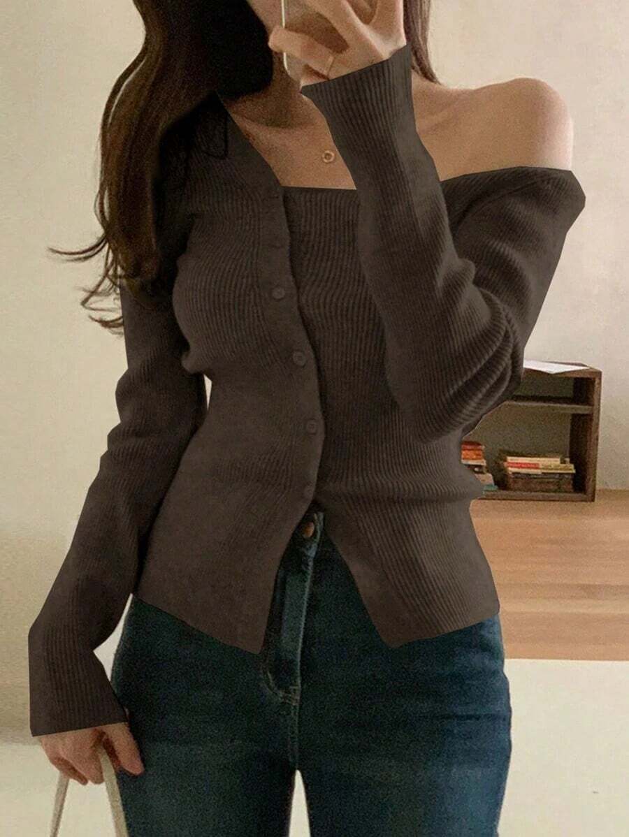 Blusa casual de mujer de punto acanalado con botones y manga corta - Café integral - Ver 1
