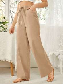 Pantalones largos minimalistas de unicolor con cordones y bolsillos para mujer, casuales para uso diario - Camel - Ver 6