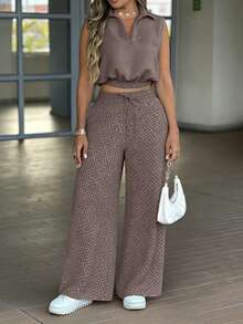 Conjunto casual versátil de blusa sin mangas con cuello vuelto y pantalones largos casuales con cintura elástica y cordón - Marrón oscuro - Ver 3