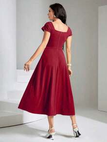 Vestido elegante de manga raglán y cuello cuadrado con detalle cruzado en el busto, de unicolor para mujeres - Rojo - Ver 2