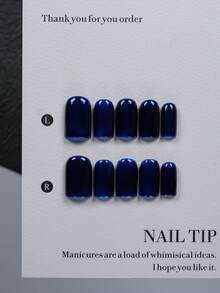 10pcs Short Square Handmade Press-On Nails, With Nail Art Tools, Solid Deep Sapphire Blue High Gloss Fake Nails, Brighten Skin Tone, Transparent Nail Tips, Suitable For Office Commute, Mature Style, Party Looks And Holiday Gifts - Multicolor - View 3