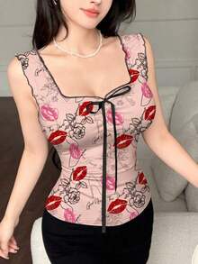 Top de tirantes con estampado de corazón y diseño de cintura ajustada, con lazo, moda de verano - Multicolor 6 - Ver 3